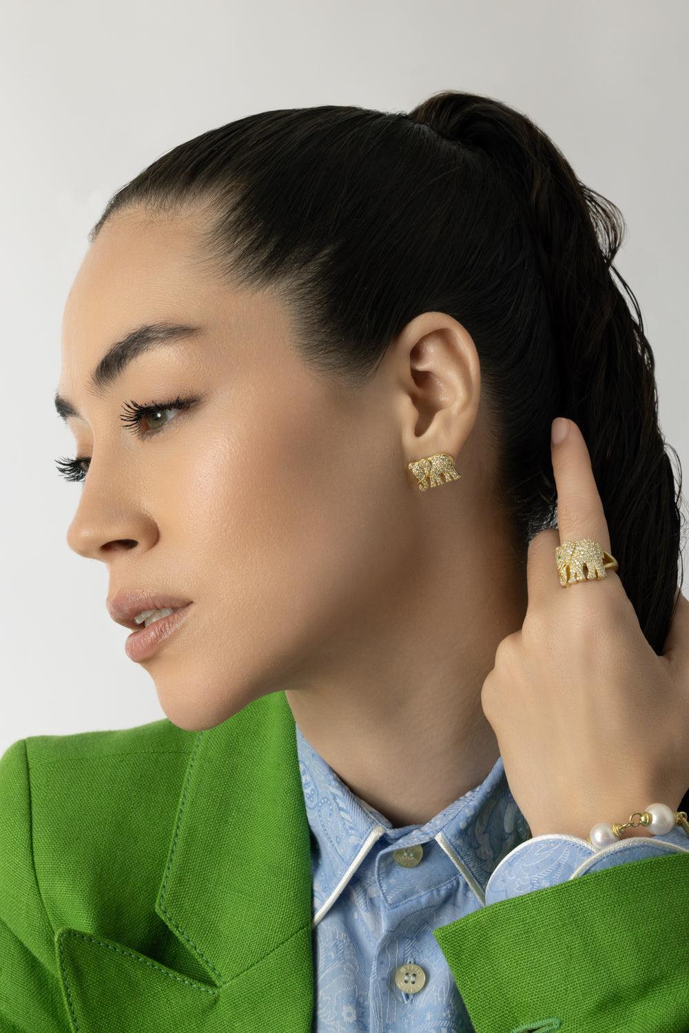 Tree of Life Diamond Elephant Earrings-YELLOW GOLD-JEWELRYFINE JEWELEARRING-TANYA FARAH