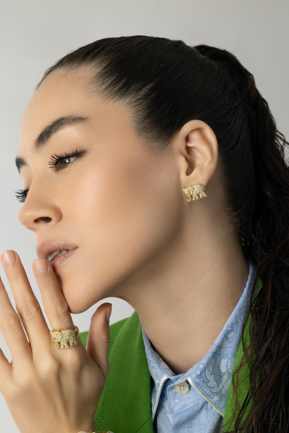 Tree of Life Diamond Elephant Earrings-YELLOW GOLD-JEWELRYFINE JEWELEARRING-TANYA FARAH