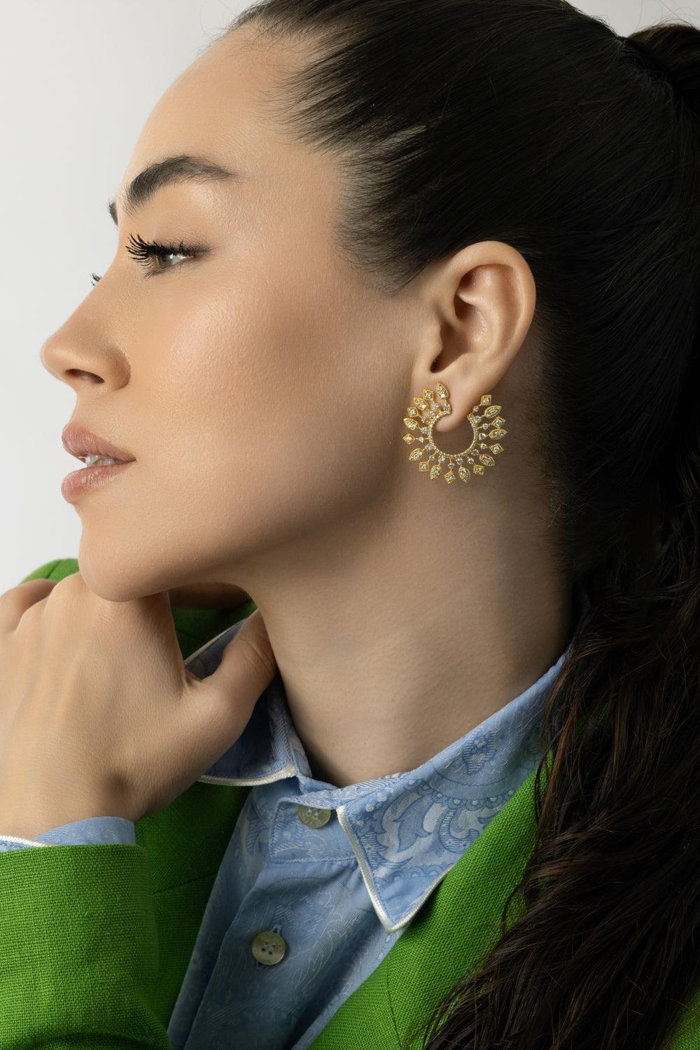 Large Sunburst Celestial Diamond Bypass Hoop Earrings-YELLOW GOLD-JEWELRYFINE JEWELEARRING-TANYA FARAH