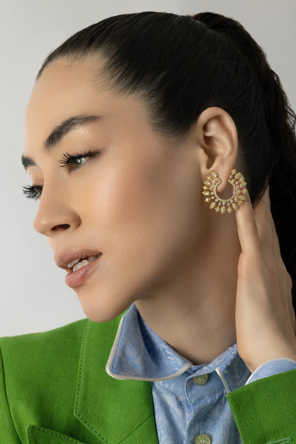 Large Sunburst Celestial Diamond Bypass Hoop Earrings-YELLOW GOLD-JEWELRYFINE JEWELEARRING-TANYA FARAH