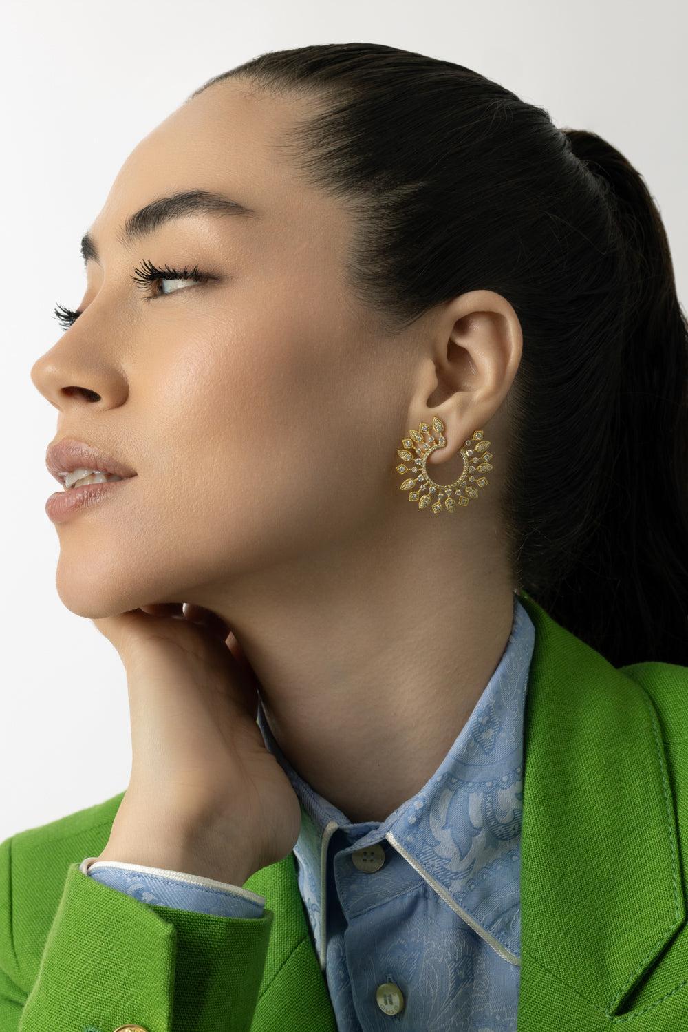 Large Sunburst Celestial Diamond Bypass Hoop Earrings-YELLOW GOLD-JEWELRYFINE JEWELEARRING-TANYA FARAH