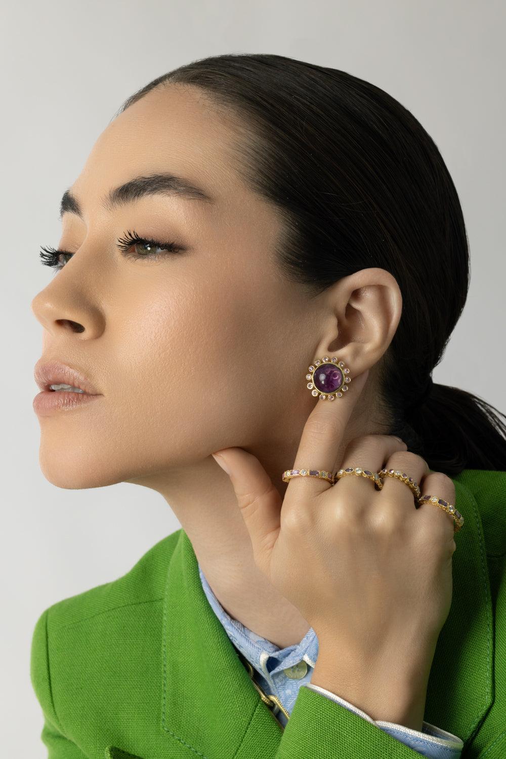 Modern Etruscan Sapphire Diamond Sunburst Amethyst Earrings-YELLOW GOLD-JEWELRYFINE JEWELEARRING-TANYA FARAH