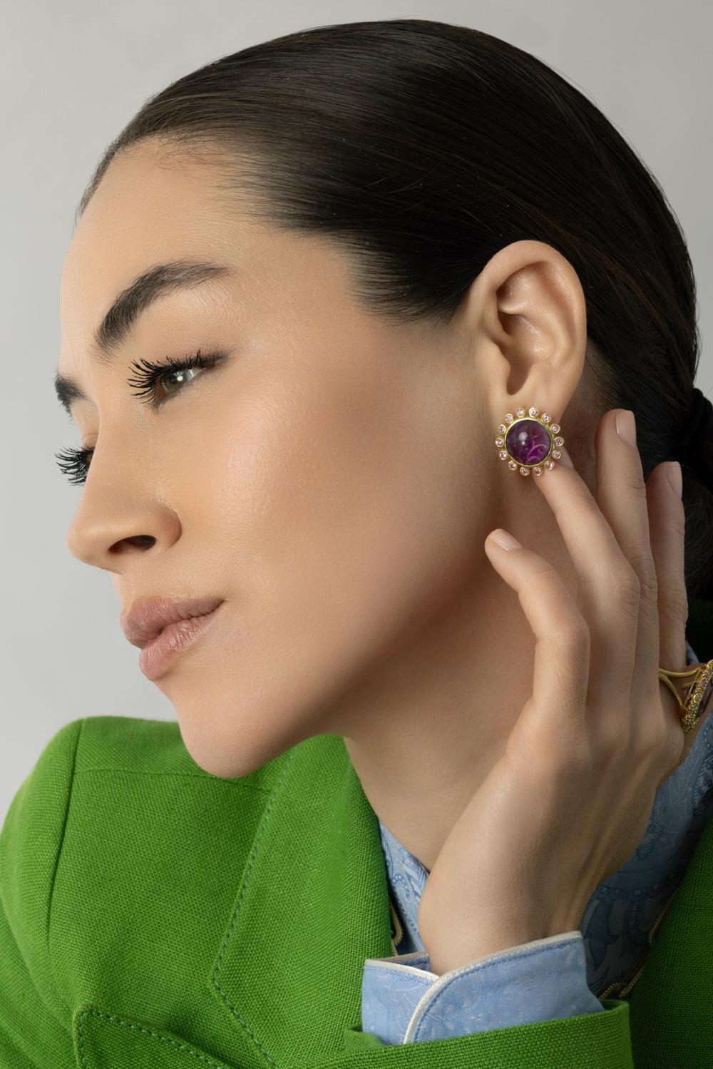 Modern Etruscan Sapphire Diamond Sunburst Amethyst Earrings-YELLOW GOLD-JEWELRYFINE JEWELEARRING-TANYA FARAH