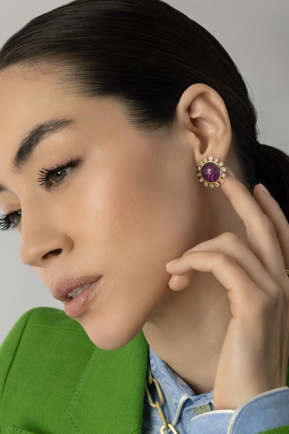 Modern Etruscan Sapphire Diamond Sunburst Amethyst Earrings-YELLOW GOLD-JEWELRYFINE JEWELEARRING-TANYA FARAH