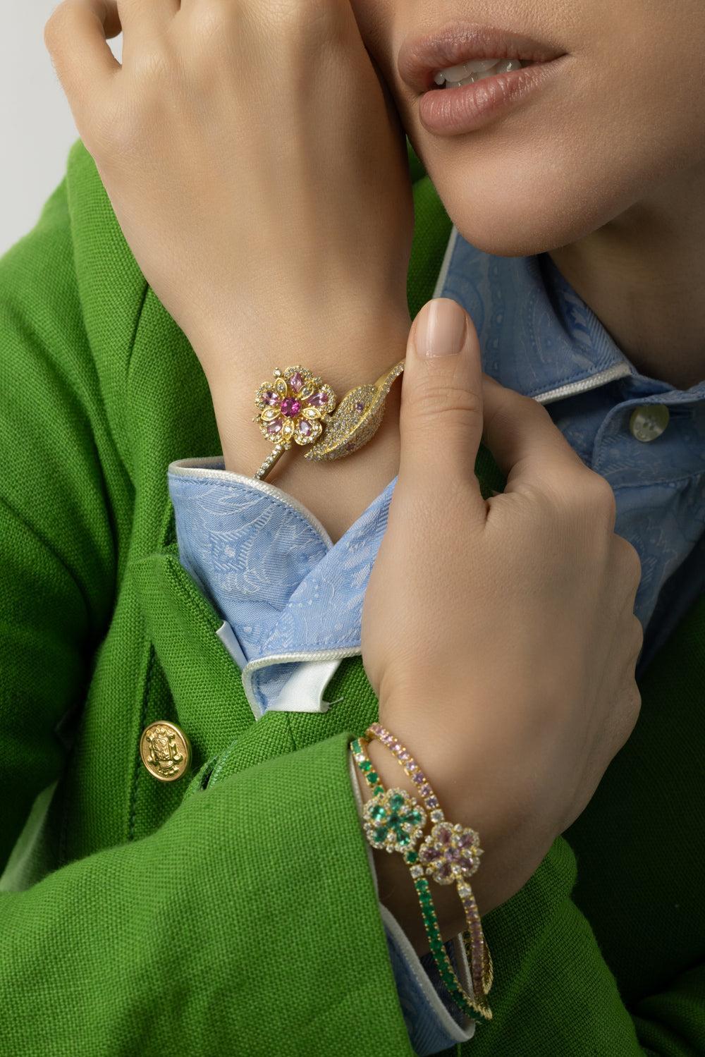 Jasmine Bloom Emerald Station Flower Diamond Tennis Bracelet-YELLOW GOLD-JEWELRYFINE JEWELBRACELET O-TANYA FARAH