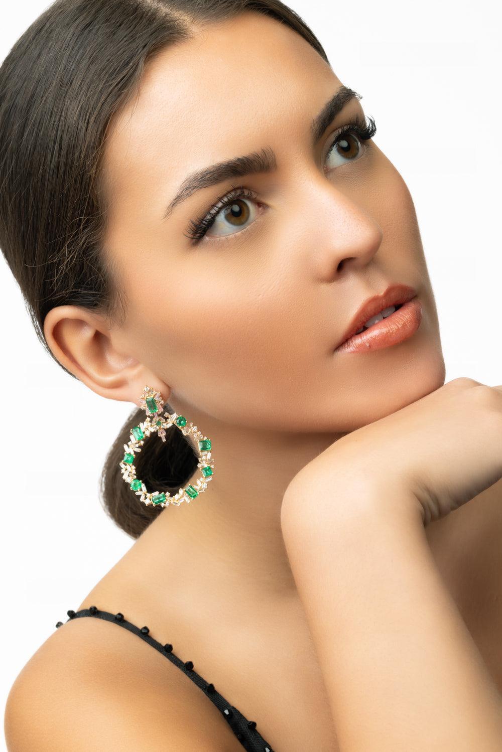 Mixed Emerald Hoop Earrings-YELLOW GOLD-JEWELRYFINE JEWELEARRING-SUZANNE KALAN