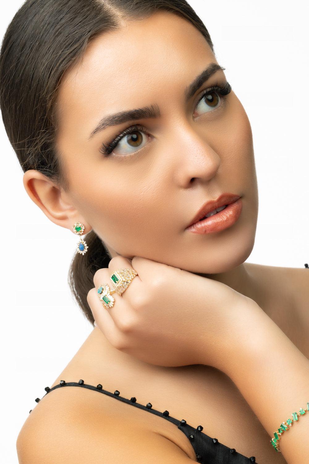 Emerald Opal Double Drop Earrrings-YELLOW GOLD-JEWELRYFINE JEWELEARRING-SUZANNE KALAN