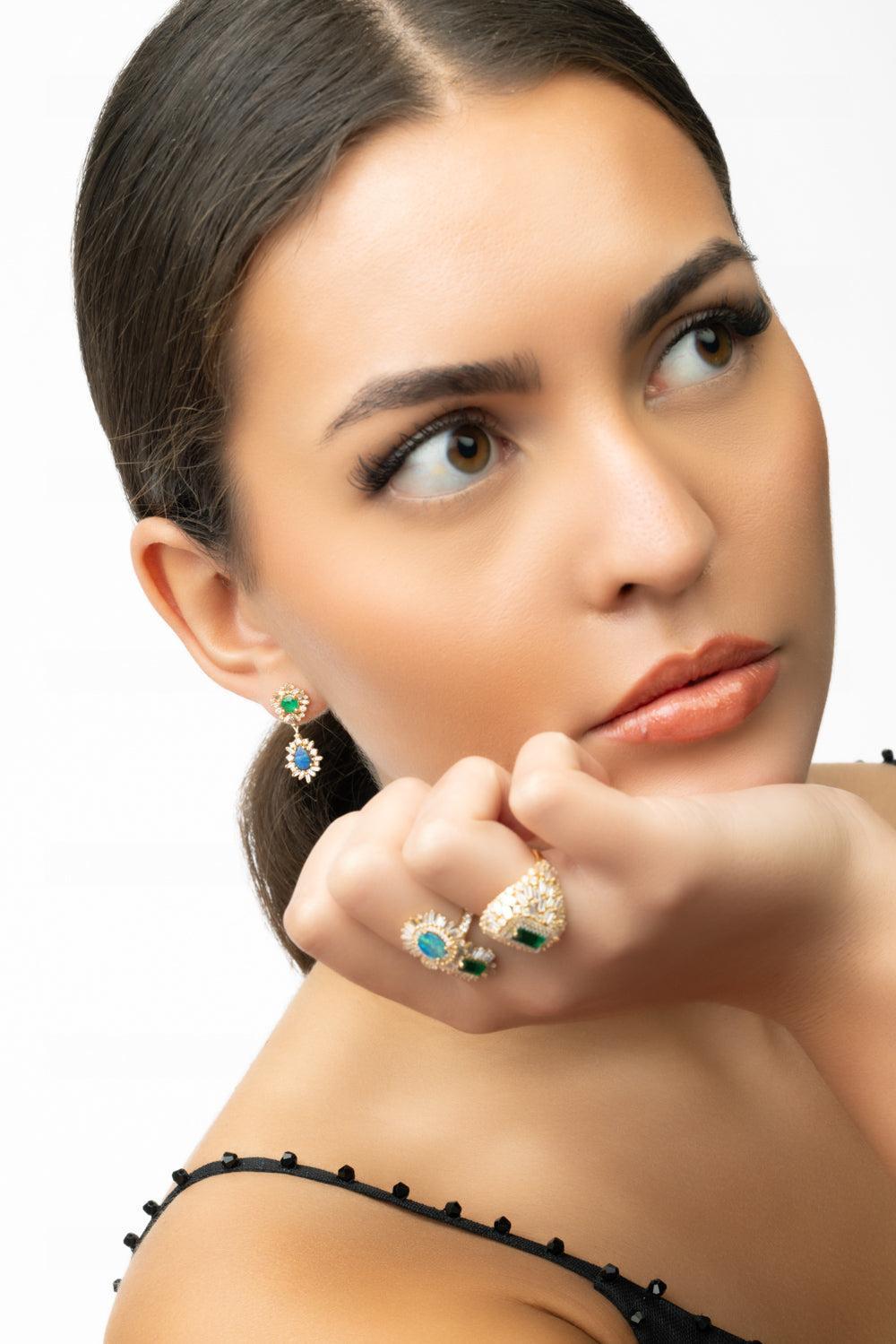 Emerald Opal Double Drop Earrrings-YELLOW GOLD-JEWELRYFINE JEWELEARRING-SUZANNE KALAN
