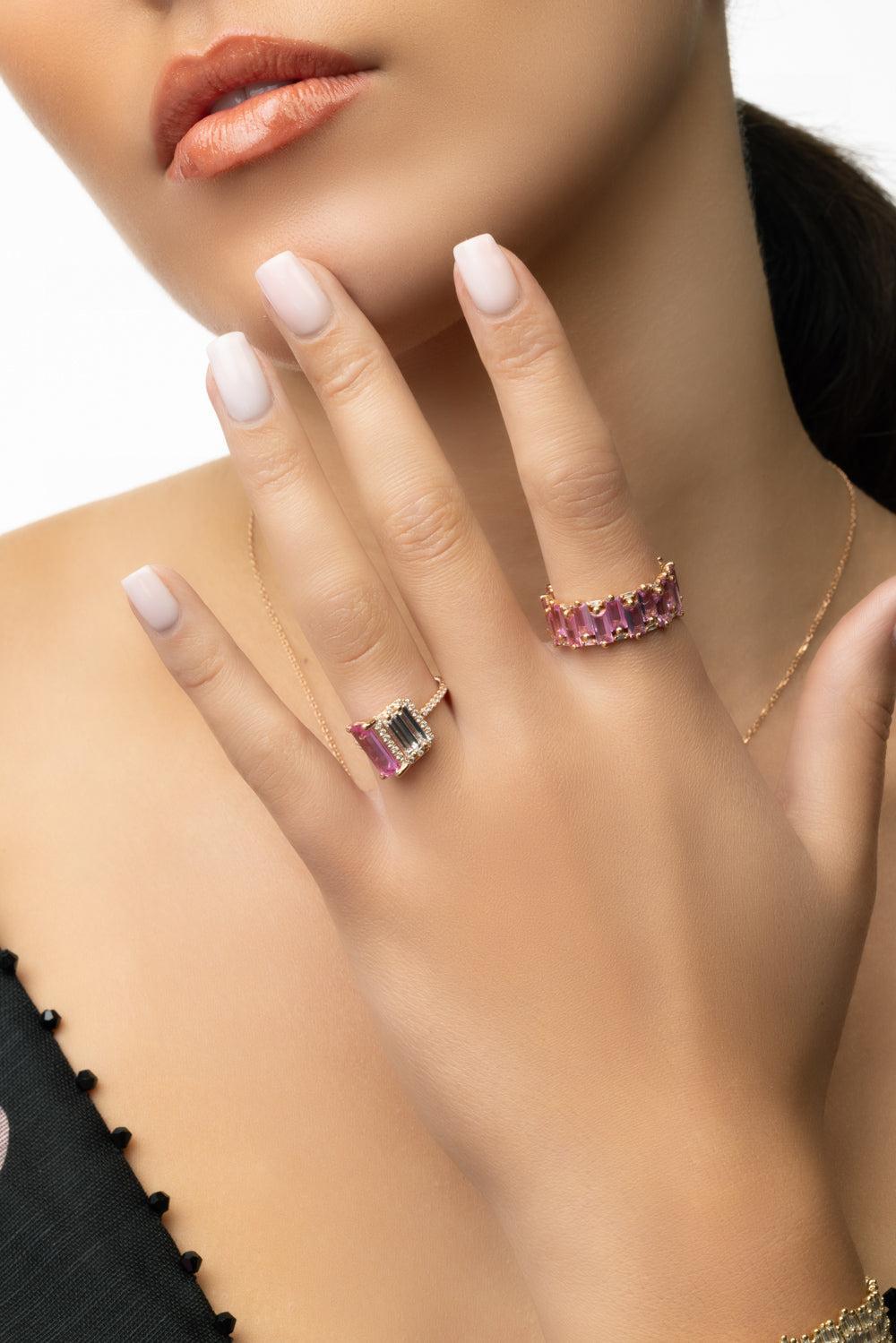 Pink Sapphire Diamond Triple Tower Ring-ROSE GOLD-6.5-JEWELRYFINE JEWELRING-SUZANNE KALAN