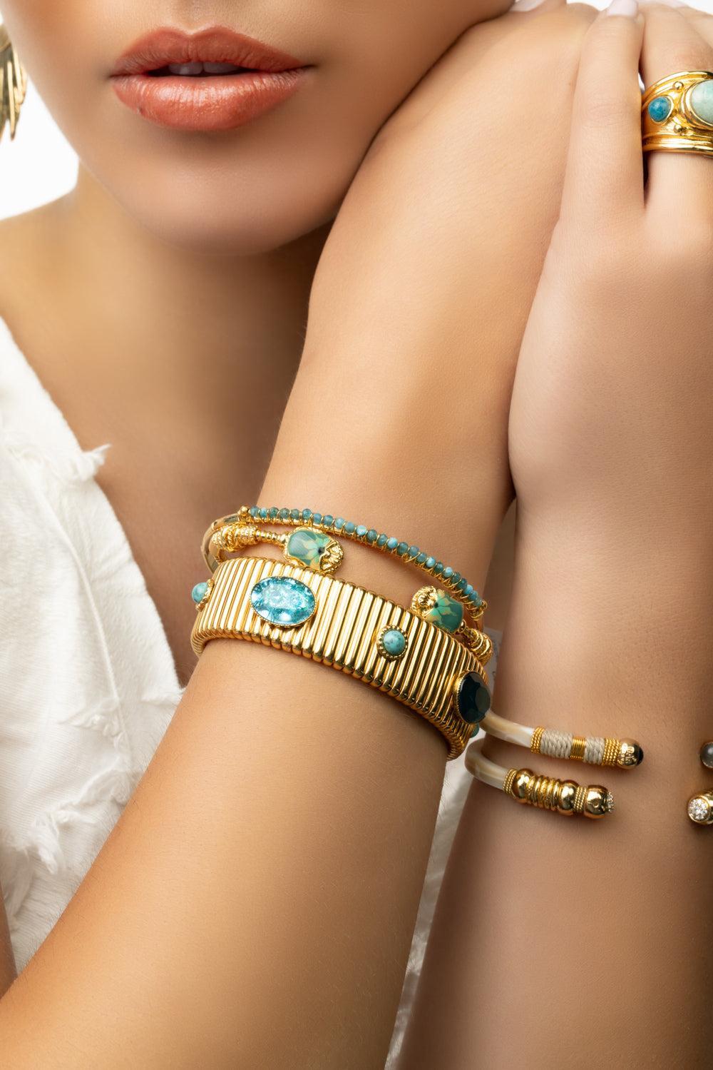 Small Lyre Bangle Bracelet - Blue Apatite-BLUE-JEWELRYBOUTIQUEBRACELET O-GAS BIJOUX