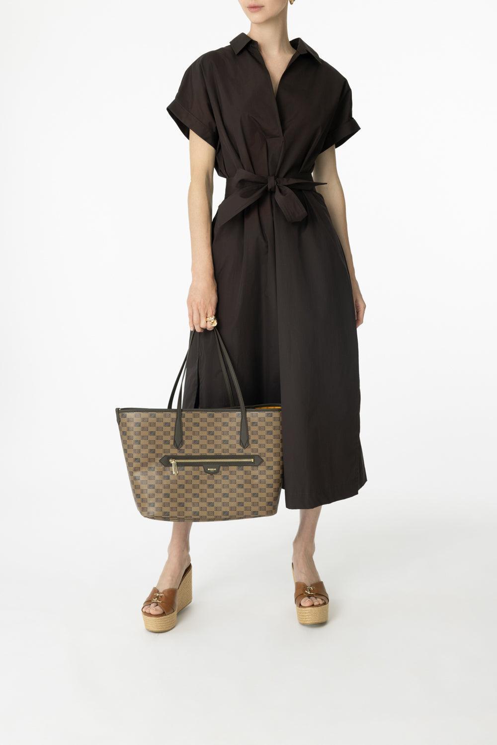 Short Sleeve Belted Midi Dress-BROWN-36-CLOTHINGDRESSCASUAL-ASPESI