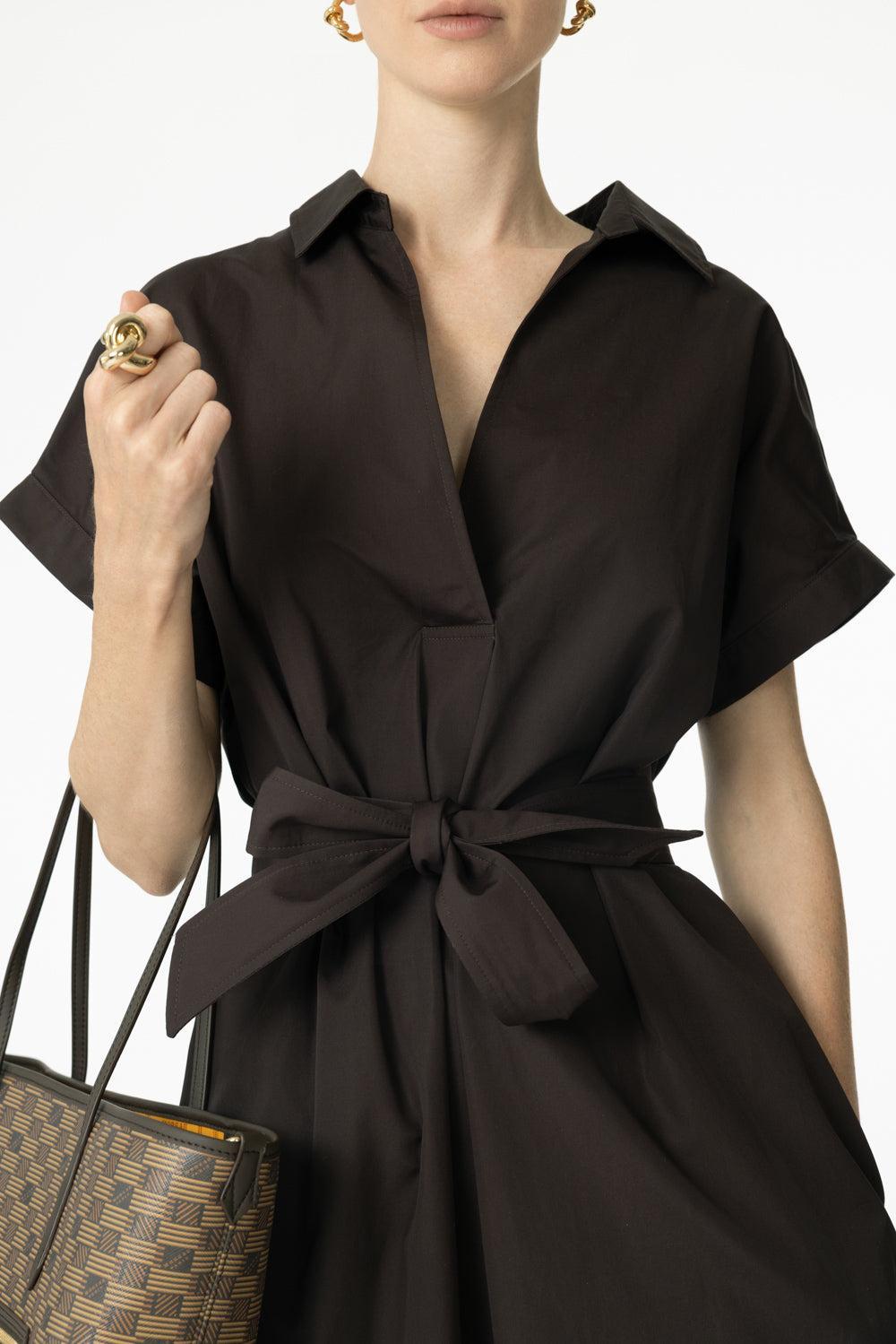 Short Sleeve Belted Midi Dress-BROWN-36-CLOTHINGDRESSCASUAL-ASPESI