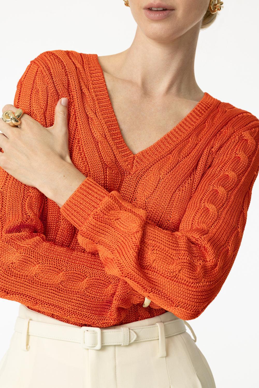 Cable-Knit V-Neck Sweater-BRIGHT ORANGE-S-CLOTHINGTOPSWEATER-RALPH LAUREN