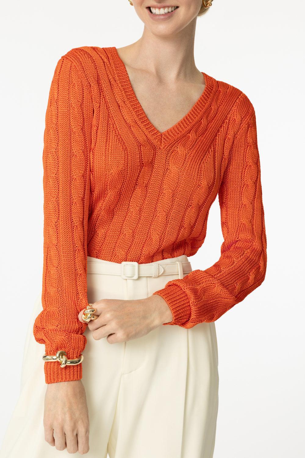 Cable-Knit V-Neck Sweater-BRIGHT ORANGE-S-CLOTHINGTOPSWEATER-RALPH LAUREN