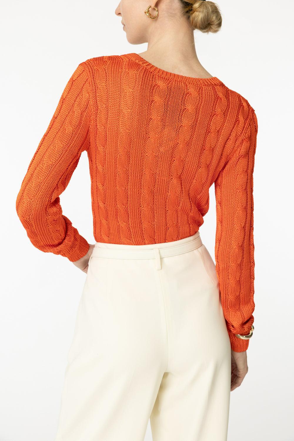 Cable-Knit V-Neck Sweater-BRIGHT ORANGE-S-CLOTHINGTOPSWEATER-RALPH LAUREN