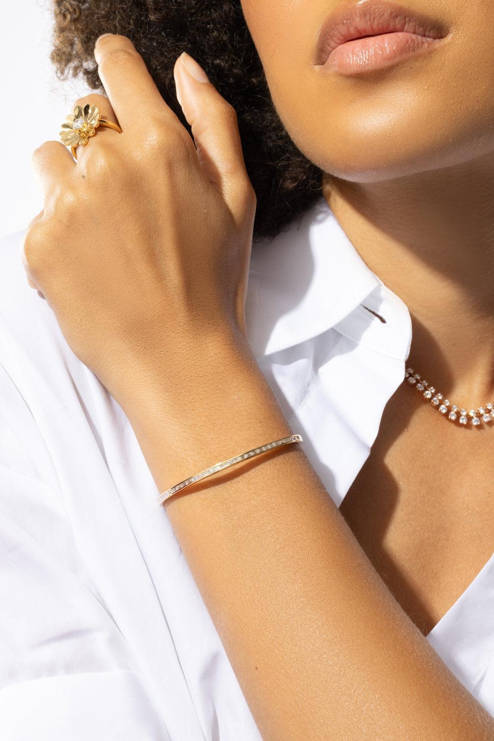 Baguette Diamond Cuff Bracelet-YELLOW GOLD-JEWELRYFINE JEWELBRACELET O-ANITA KO