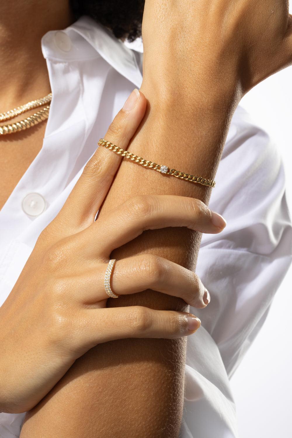 Diamond Center Small Cuban Link Bracelet-YELLOW GOLD-6.5-JEWELRYFINE JEWELBRACELET O-ANITA KO