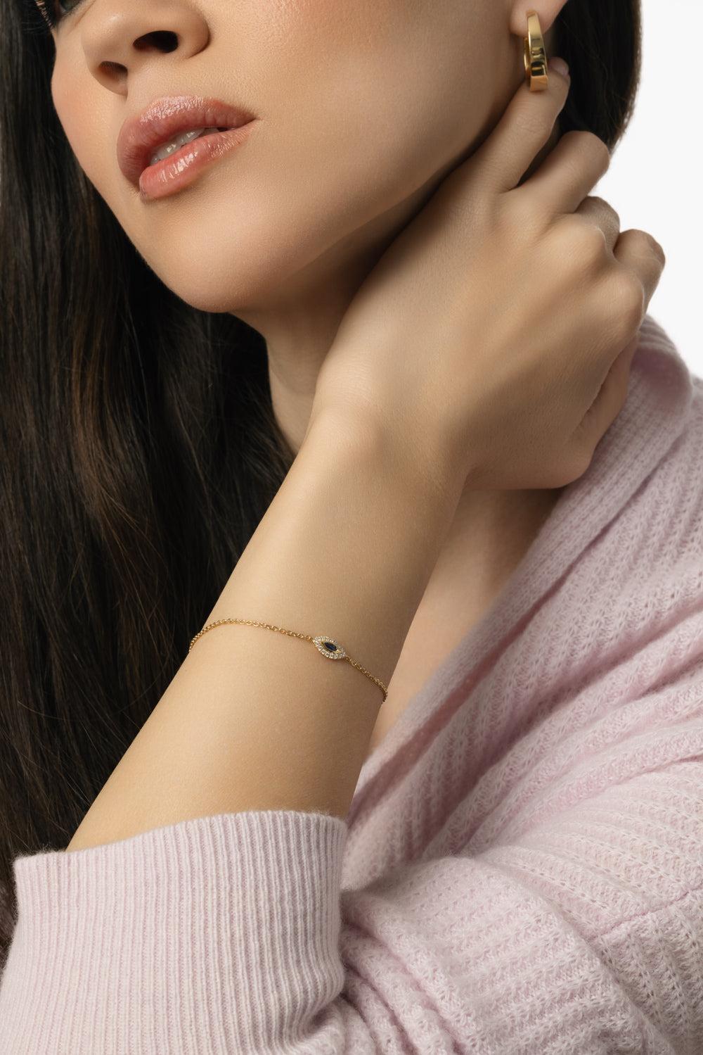 Small Blue Sapphire Evil Eye Bracelet-ROSE GOLD-JEWELRYFINE JEWELBRACELET O-ANITA KO