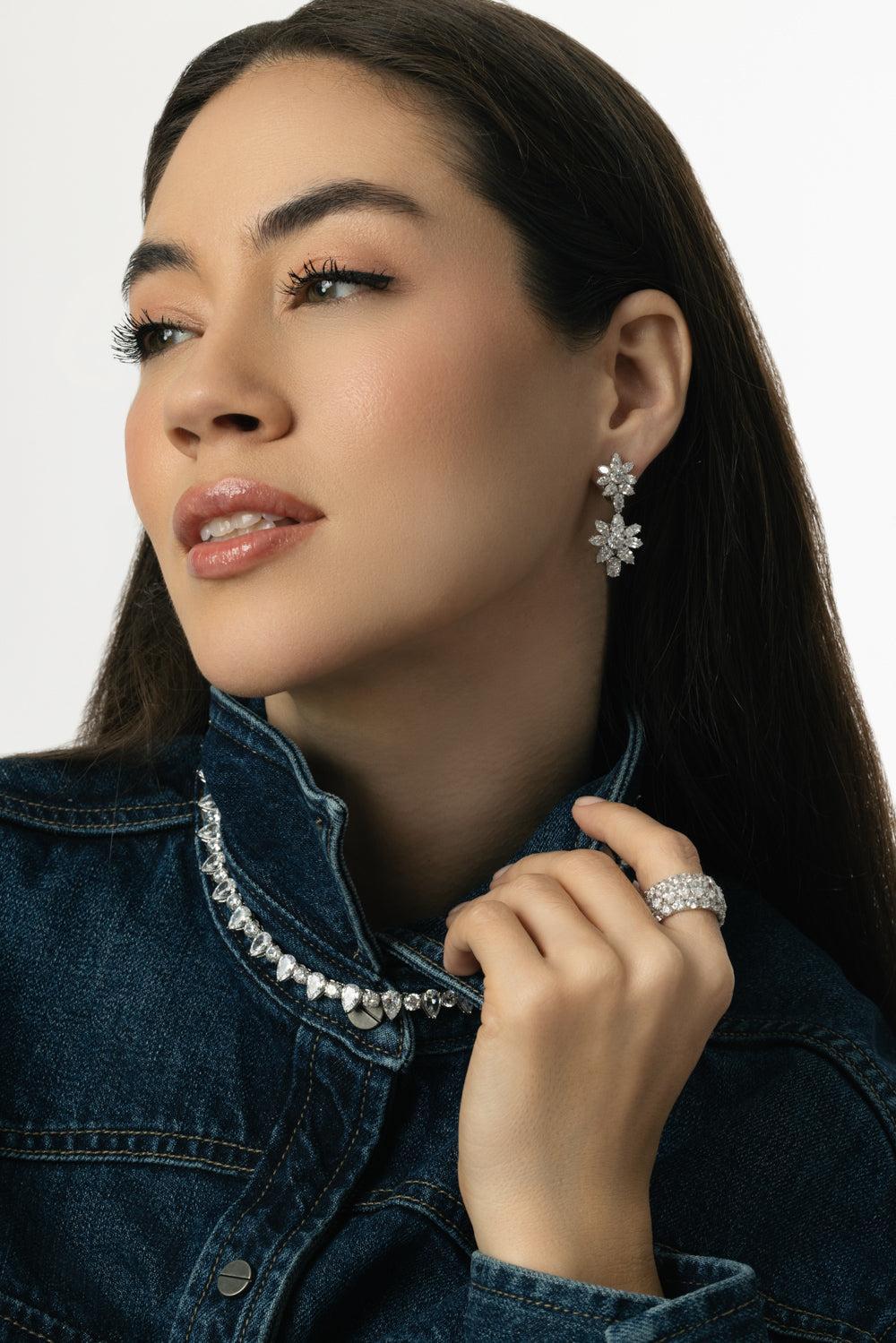 Double Cluster Drop Earrings-WHITE-JEWELRYBOUTIQUEEARRING-FANTASIA by DESERIO