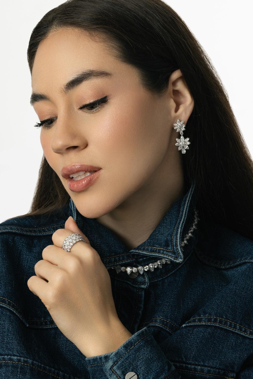 Double Cluster Drop Earrings-WHITE-JEWELRYBOUTIQUEEARRING-FANTASIA by DESERIO