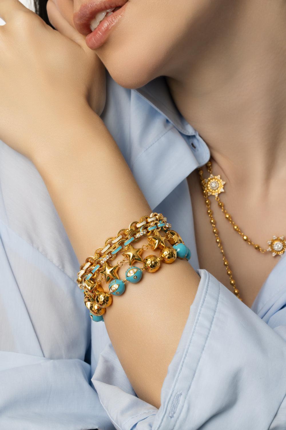 Diamond Sky Blue Evil Eye Bracelet-YELLOW GOLD-JEWELRYFINE JEWELBRACELET O-BUDDHA MAMA