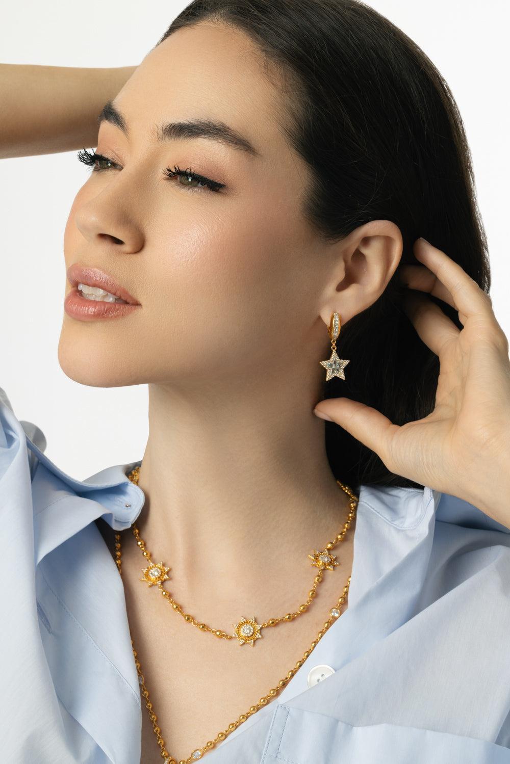 Aquamarine Kite Drop Huggie Earrings-YELLOW GOLD-JEWELRYFINE JEWELEARRING-BUDDHA MAMA