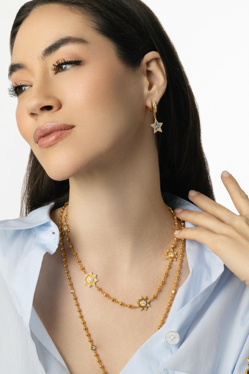 Aquamarine Kite Drop Huggie Earrings-YELLOW GOLD-JEWELRYFINE JEWELEARRING-BUDDHA MAMA