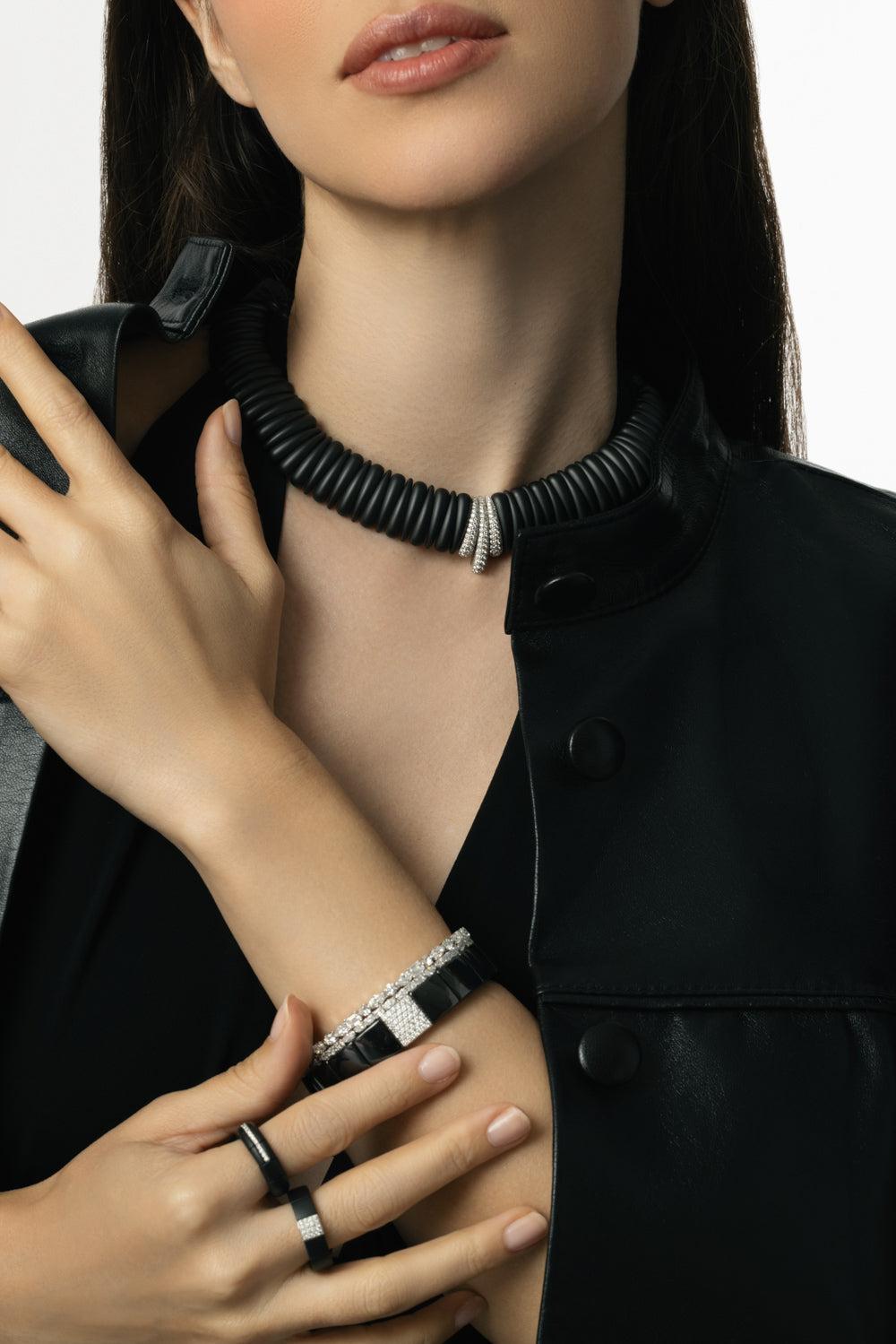 Three Diamond Station Small Matte Black Artiglio Necklace-WHITE GOLD-JEWELRYFINE JEWELNECKLACE O-ROBERTO DEMEGLIO