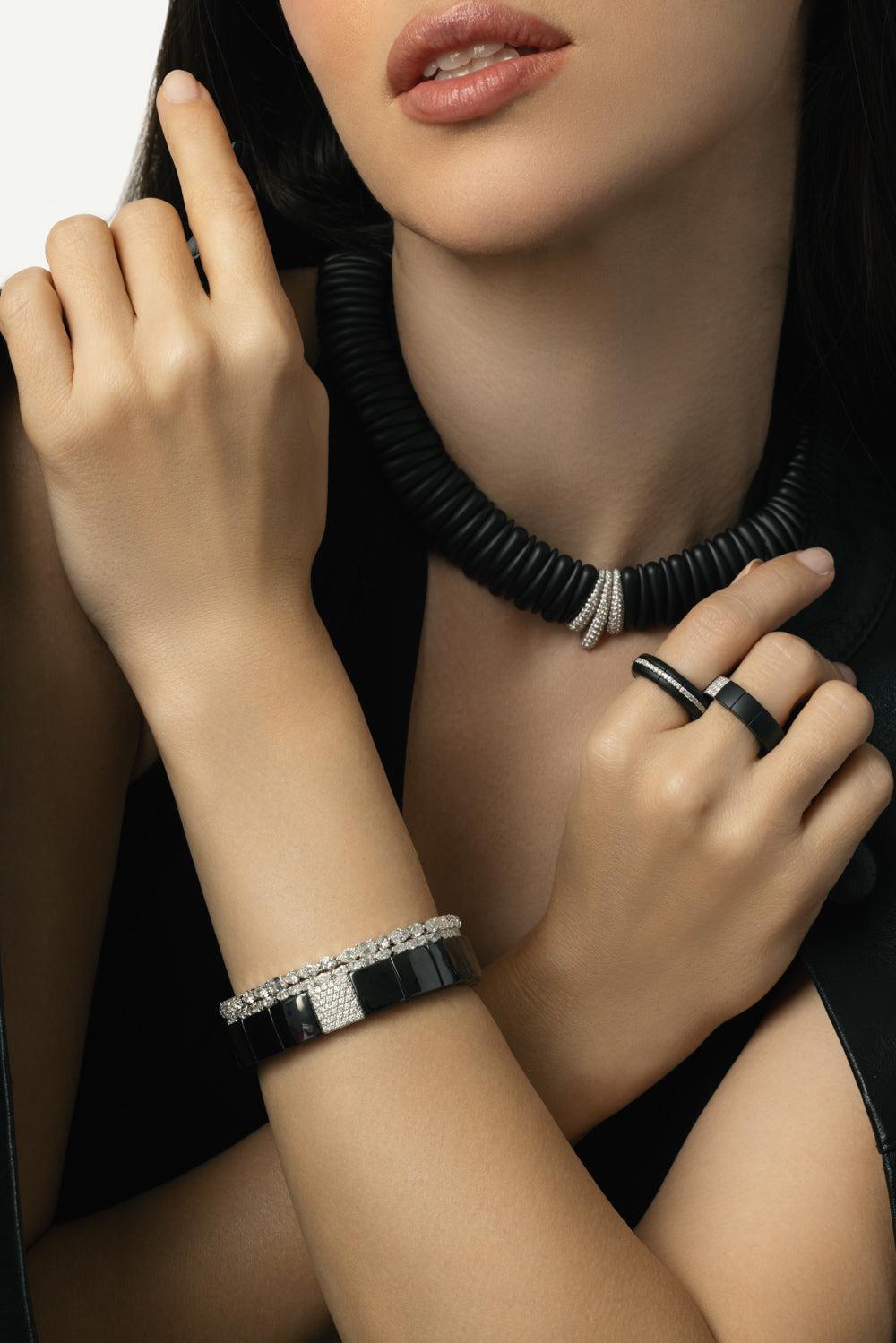 Diamond Station Black Domino Stretch Bracelet-WHITE GOLD-JEWELRYFINE JEWELBRACELET O-ROBERTO DEMEGLIO