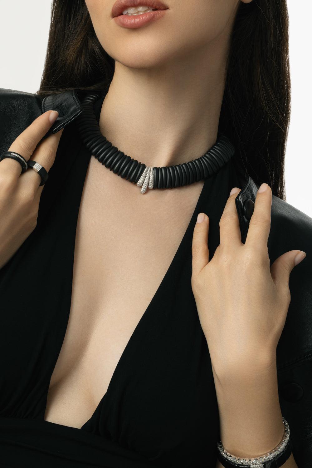 Three Diamond Station Small Matte Black Artiglio Necklace-WHITE GOLD-JEWELRYFINE JEWELNECKLACE O-ROBERTO DEMEGLIO