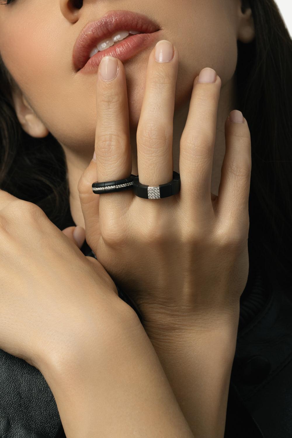 Diamond Station Matte Black Scacco Ring-WHITE GOLD-7.5-JEWELRYFINE JEWELRING-ROBERTO DEMEGLIO