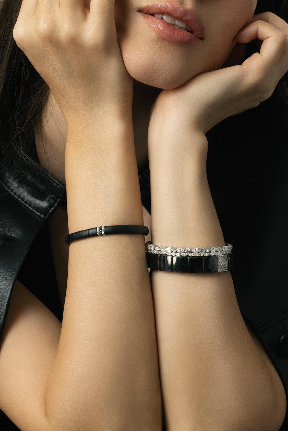 Three Diamond Bar Matte Black Pura Stretch Bracelet-WHITE GOLD-JEWELRYFINE JEWELBRACELET O-ROBERTO DEMEGLIO