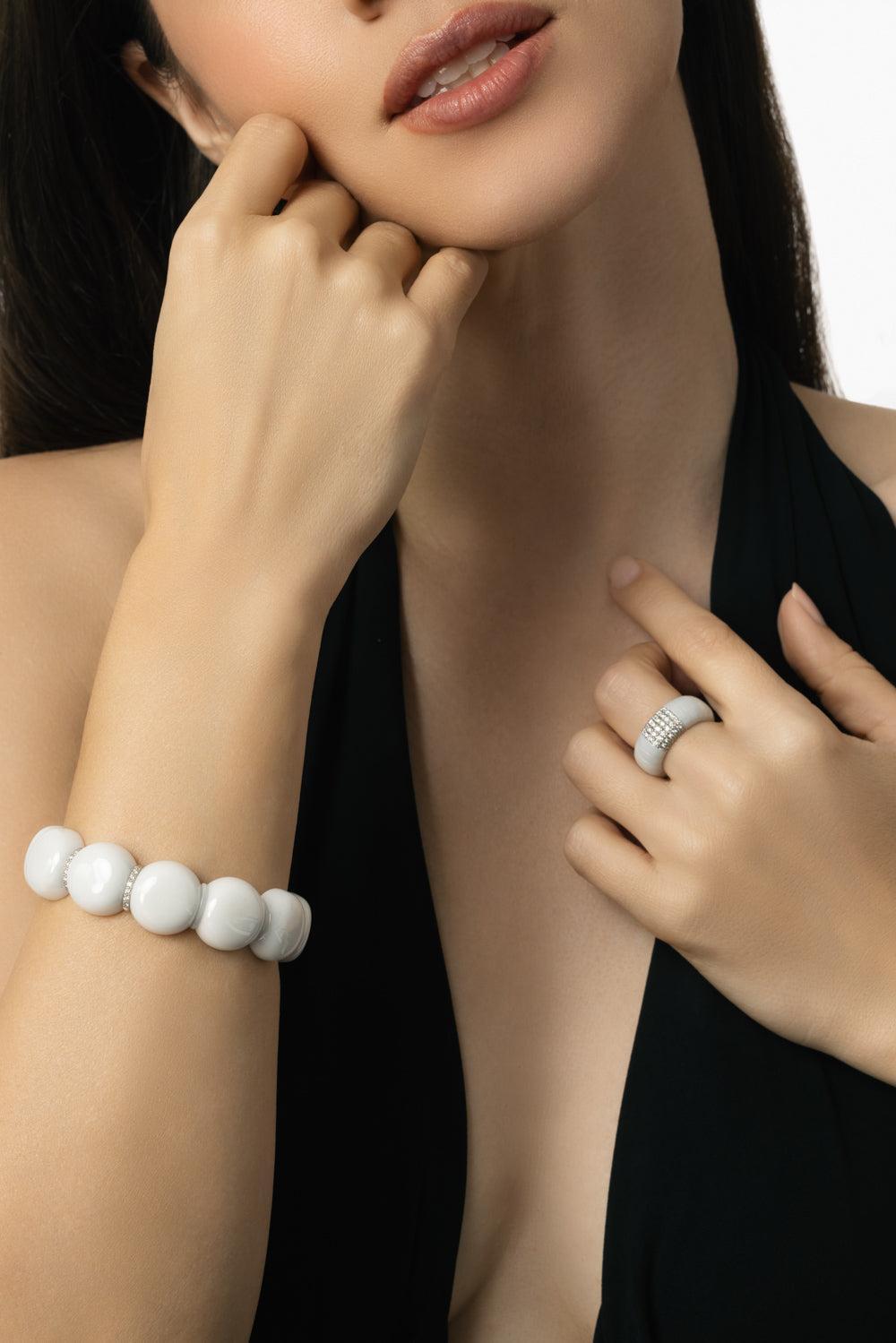 Diamond Bar White Large Bead Dama Bracelet-WHITE GOLD-JEWELRYFINE JEWELBRACELET O-ROBERTO DEMEGLIO