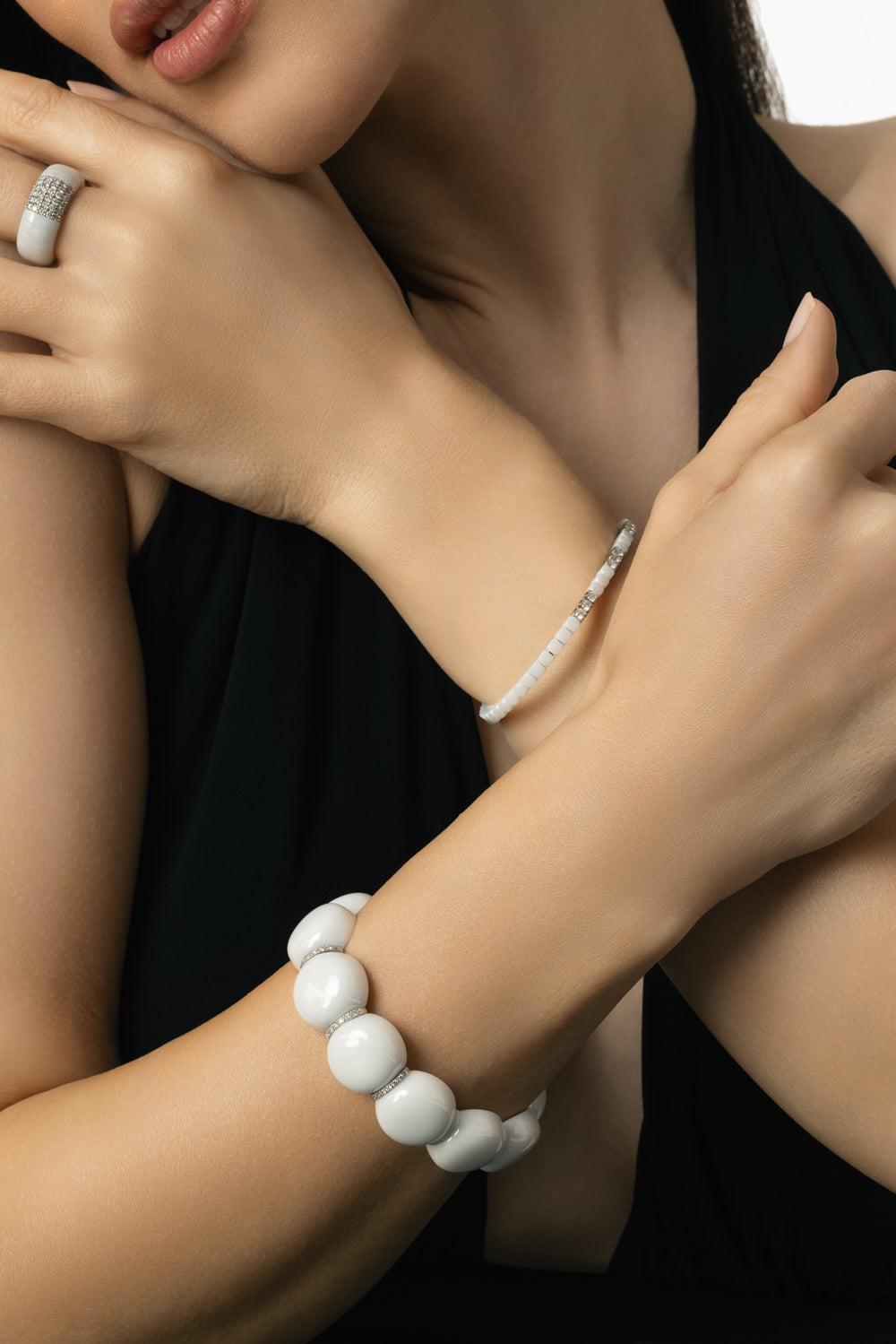 Diamond Bar White Large Bead Dama Bracelet-WHITE GOLD-JEWELRYFINE JEWELBRACELET O-ROBERTO DEMEGLIO
