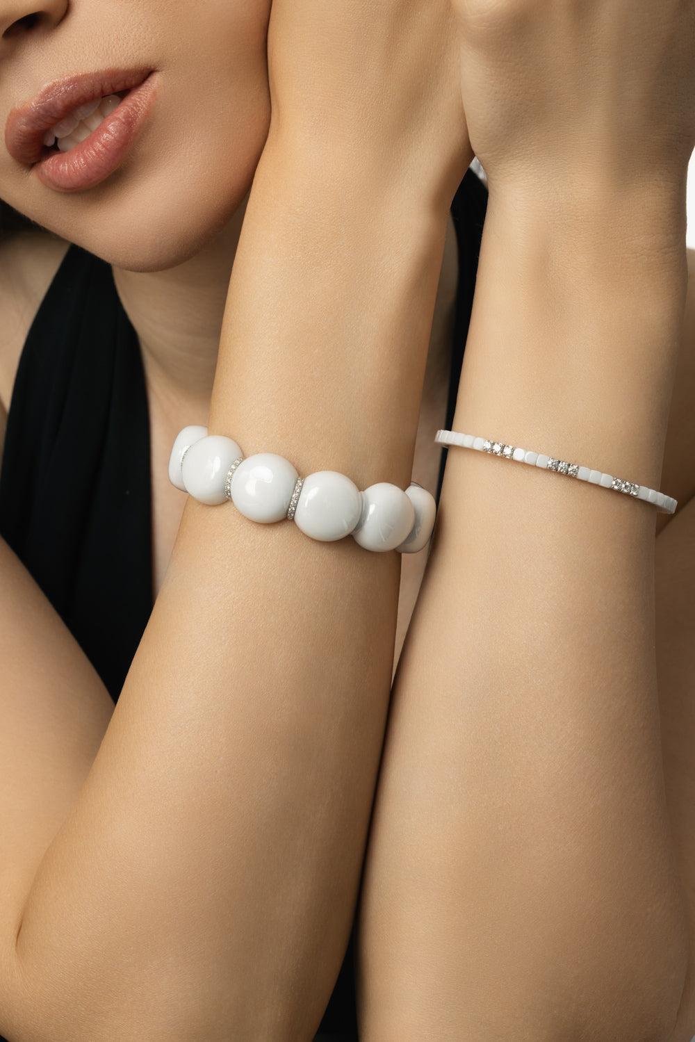 Diamond Bar White Large Bead Dama Bracelet-WHITE GOLD-JEWELRYFINE JEWELBRACELET O-ROBERTO DEMEGLIO