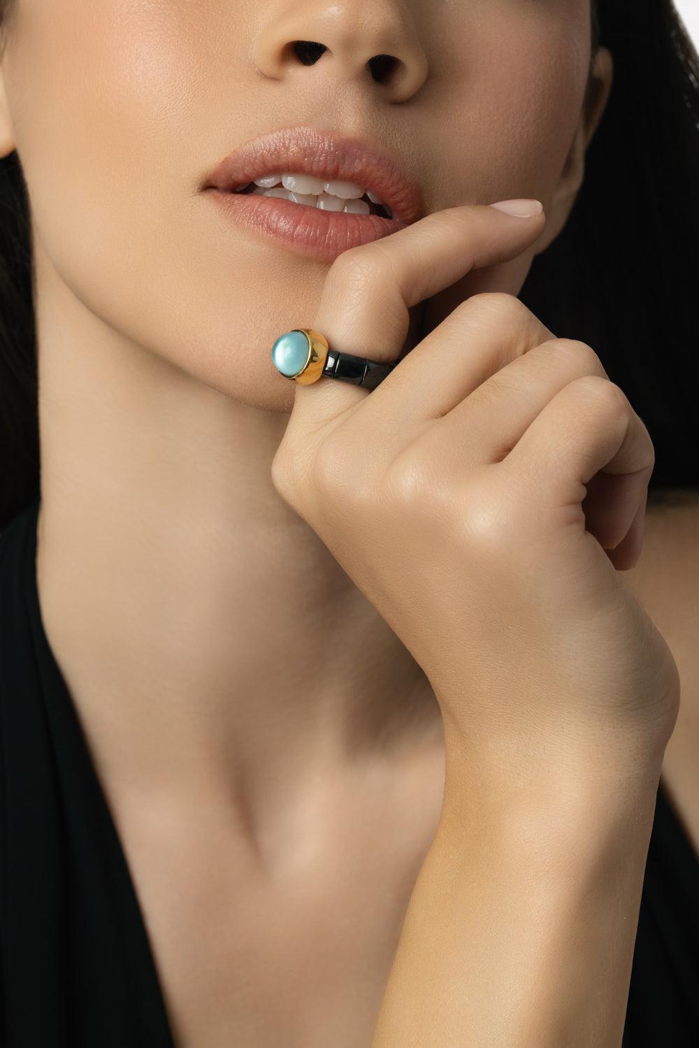 Blue Crystal Black Small Aura Stretch Ring-YELLOW GOLD-6-JEWELRYFINE JEWELRING-ROBERTO DEMEGLIO