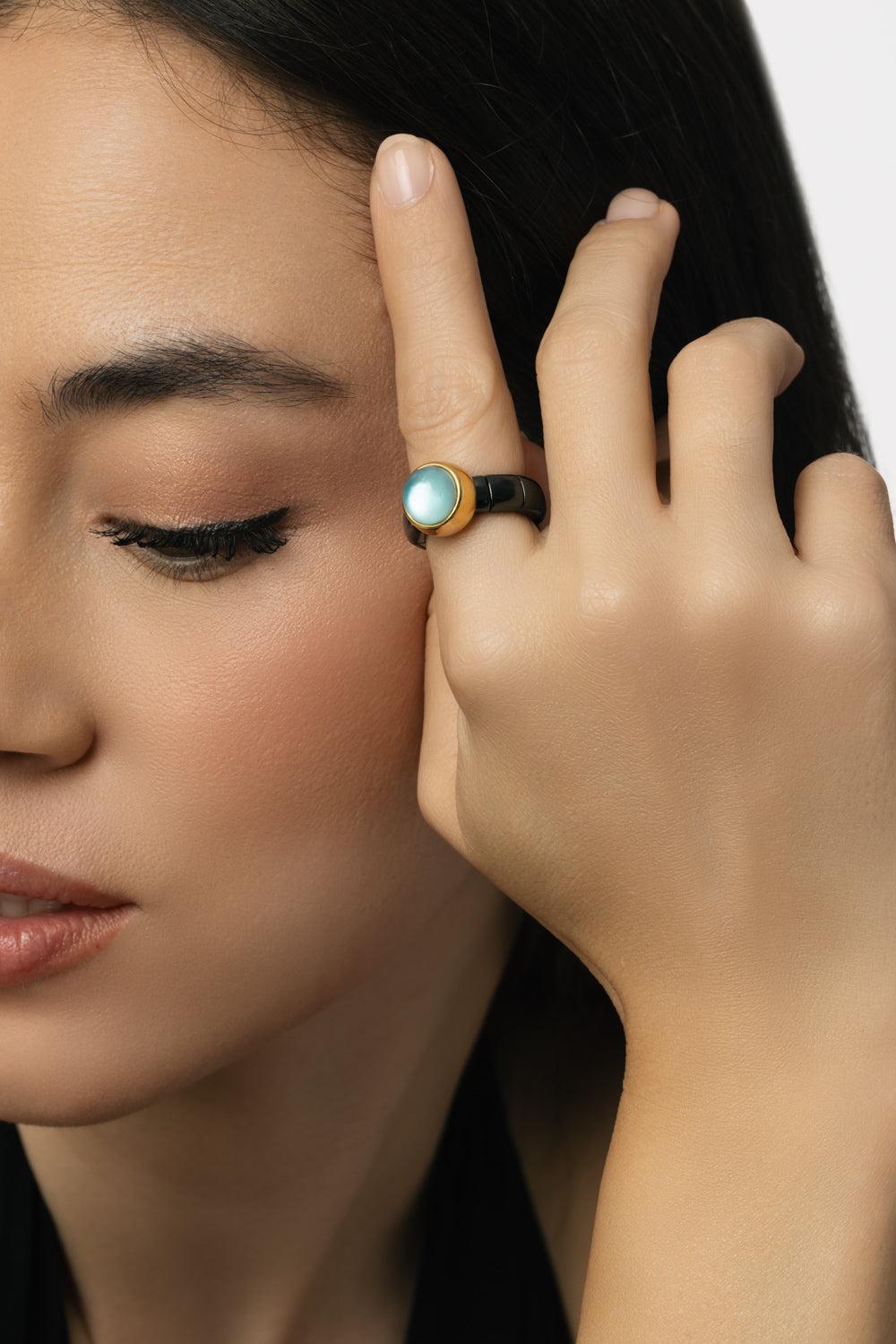Blue Crystal Black Small Aura Stretch Ring-YELLOW GOLD-6-JEWELRYFINE JEWELRING-ROBERTO DEMEGLIO