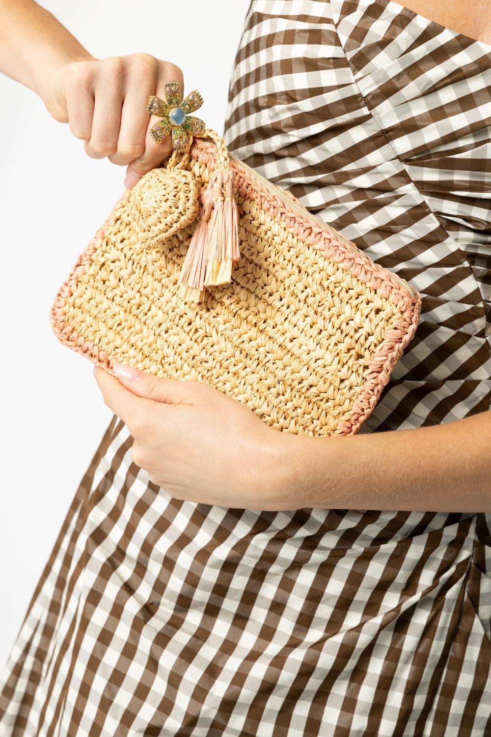 Small Raffia Pouch - Pink-NAT/PINK-HANDBAGCLUTCHES-AERIN LAUDER