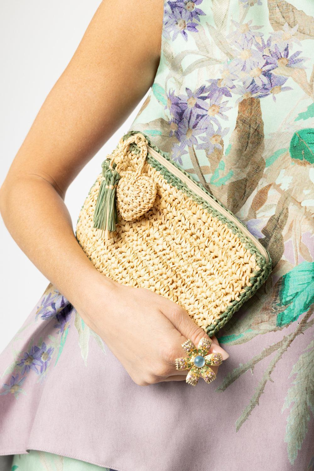 Small Raffia Pouch - Sage-NAT/SAGE-HANDBAGCLUTCHES-AERIN LAUDER