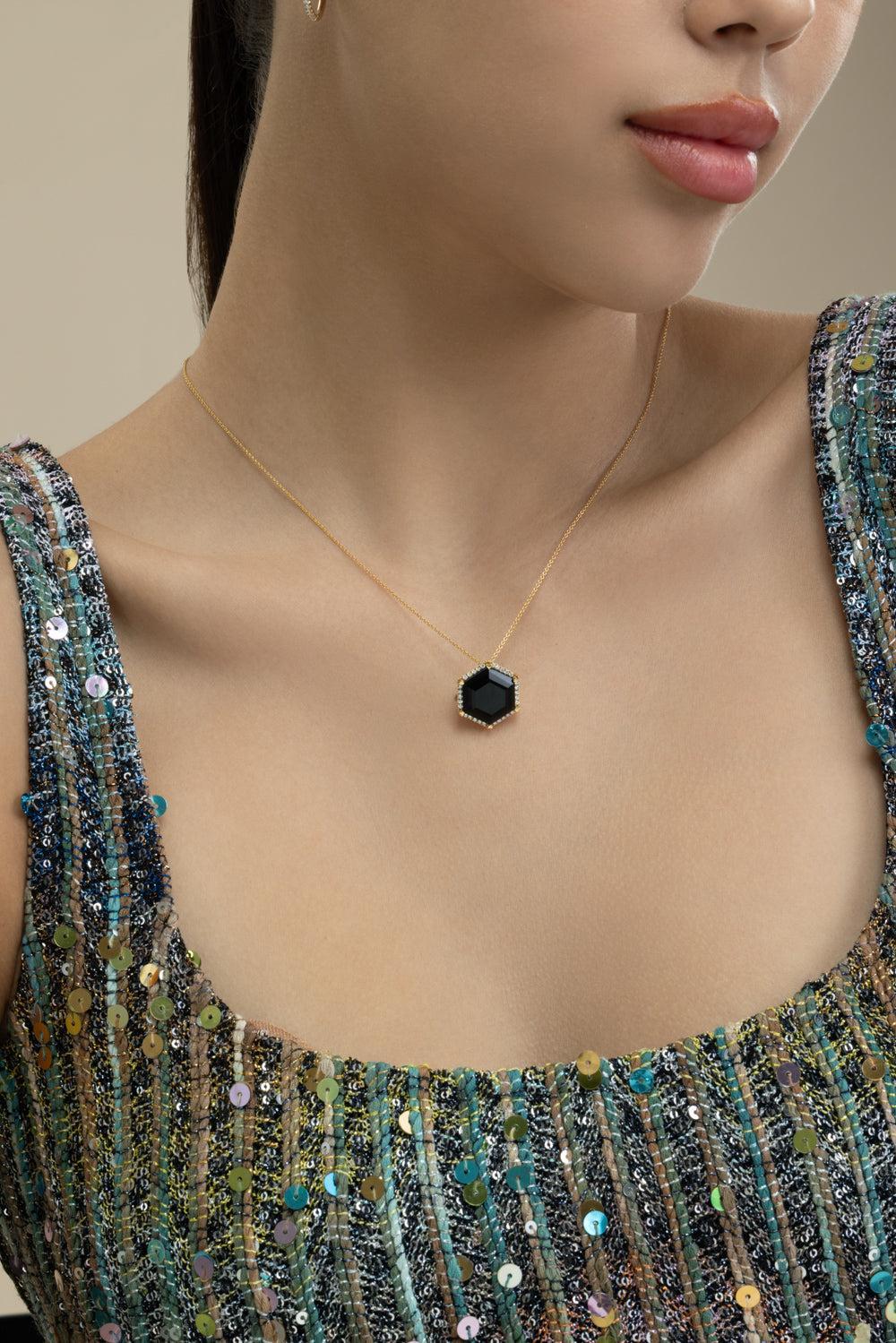 Diamond Black Onyx Hexagon Necklace-YELLOW GOLD-JEWELRYFINE JEWELNECKLACE O-LISA NIK