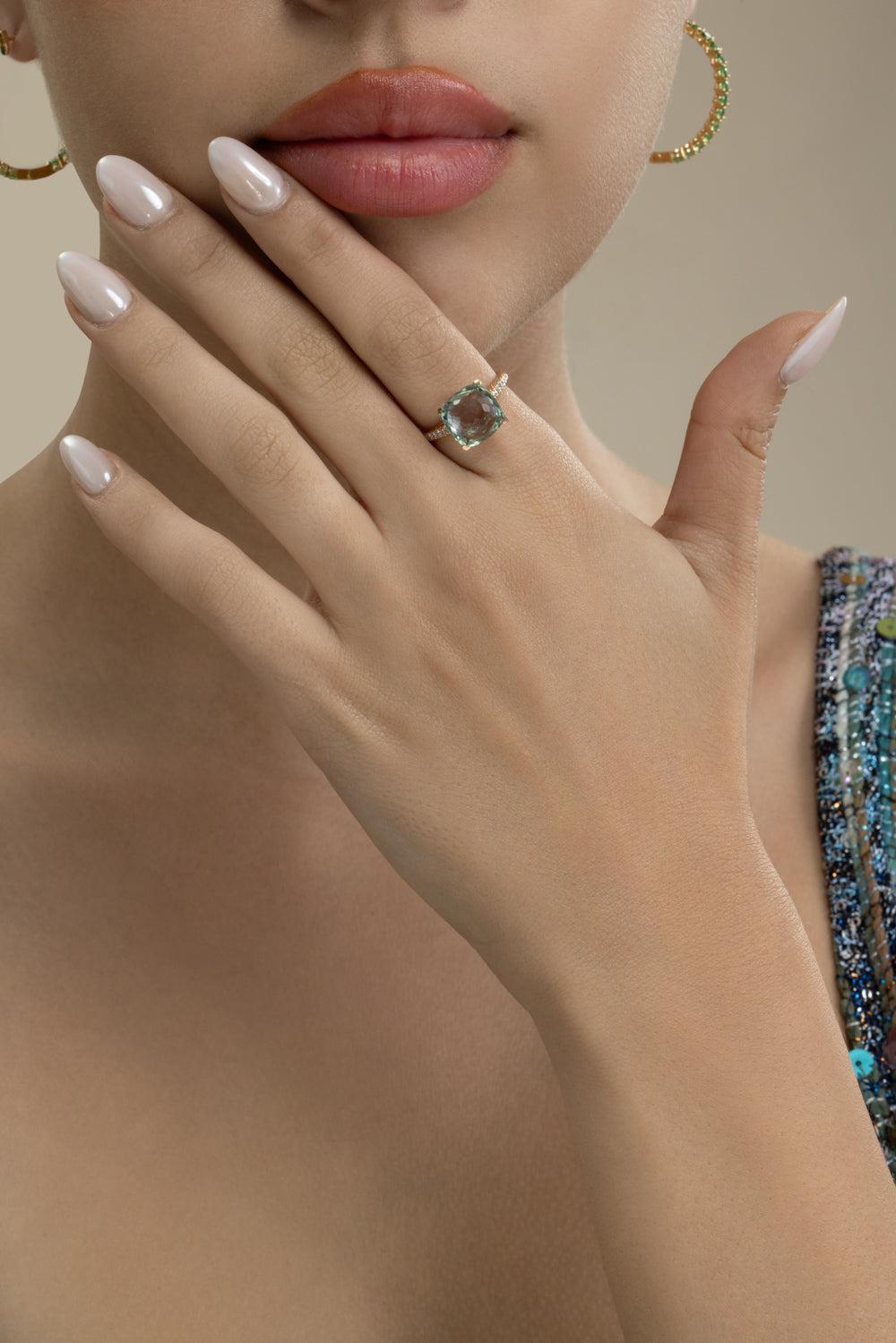 Diamond Green Quartz Cushion Ring-ROEGOLD-5.75-JEWELRYFINE JEWELRING-LISA NIK