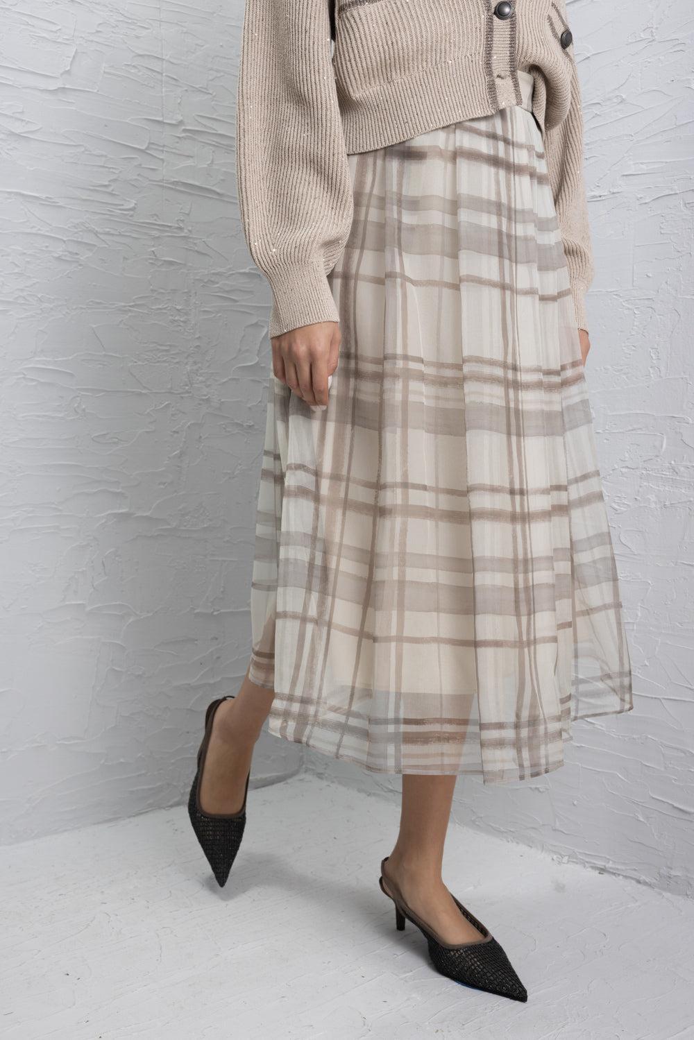 Macrocheck Print A-Line Skirt-GEOMETRC-38-CLOTHINGSKIRTMIDI-BRUNELLO CUCINELLI