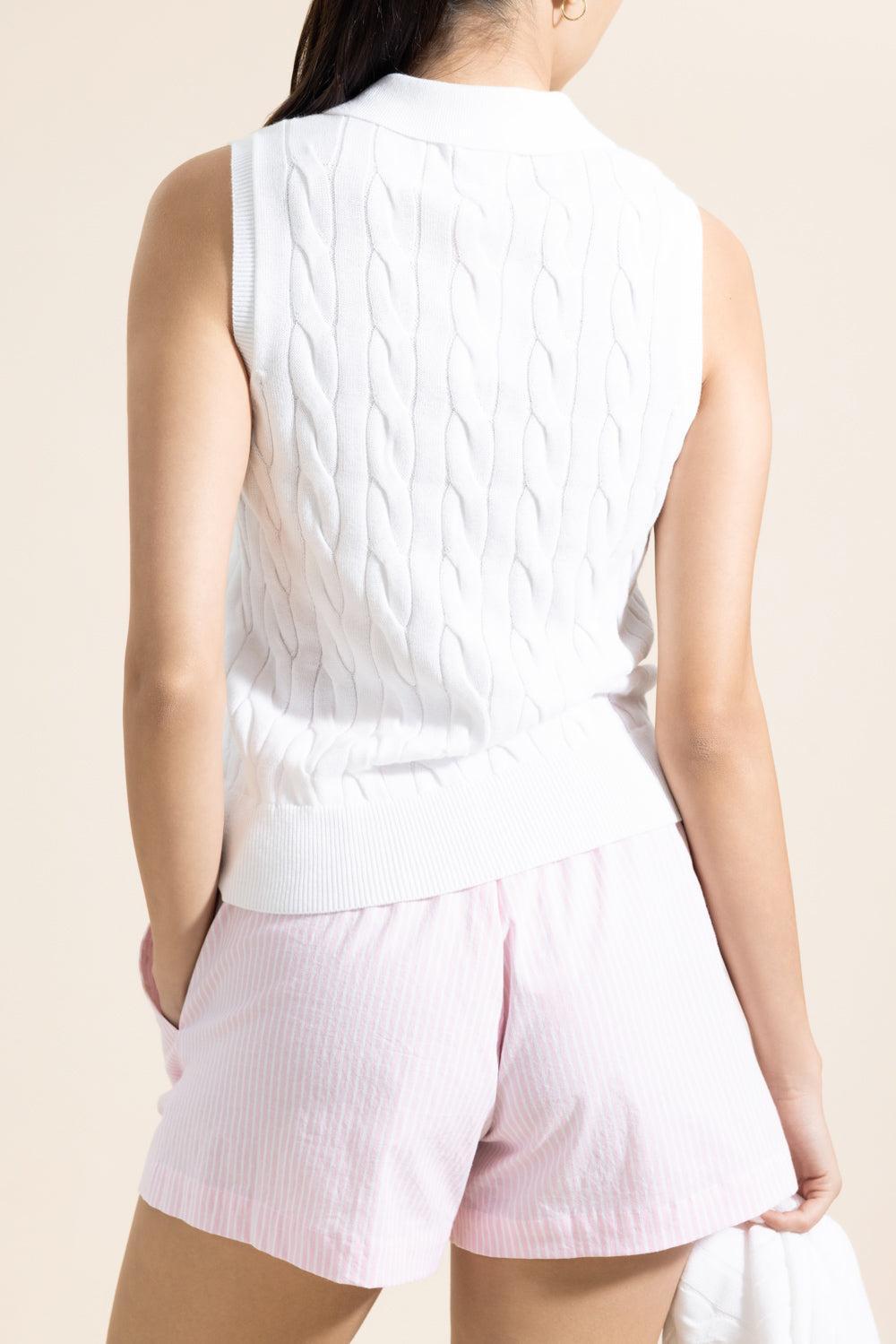 Sleeveless Cable Knit Polo - White-WHITE-XS-CLOTHINGTOPKNITS-MINNIE ROSE