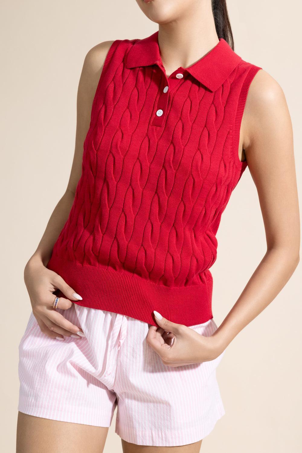 Sleeveless Cable Knit Polo - Red-RED-XS-CLOTHINGTOPKNITS-MINNIE ROSE