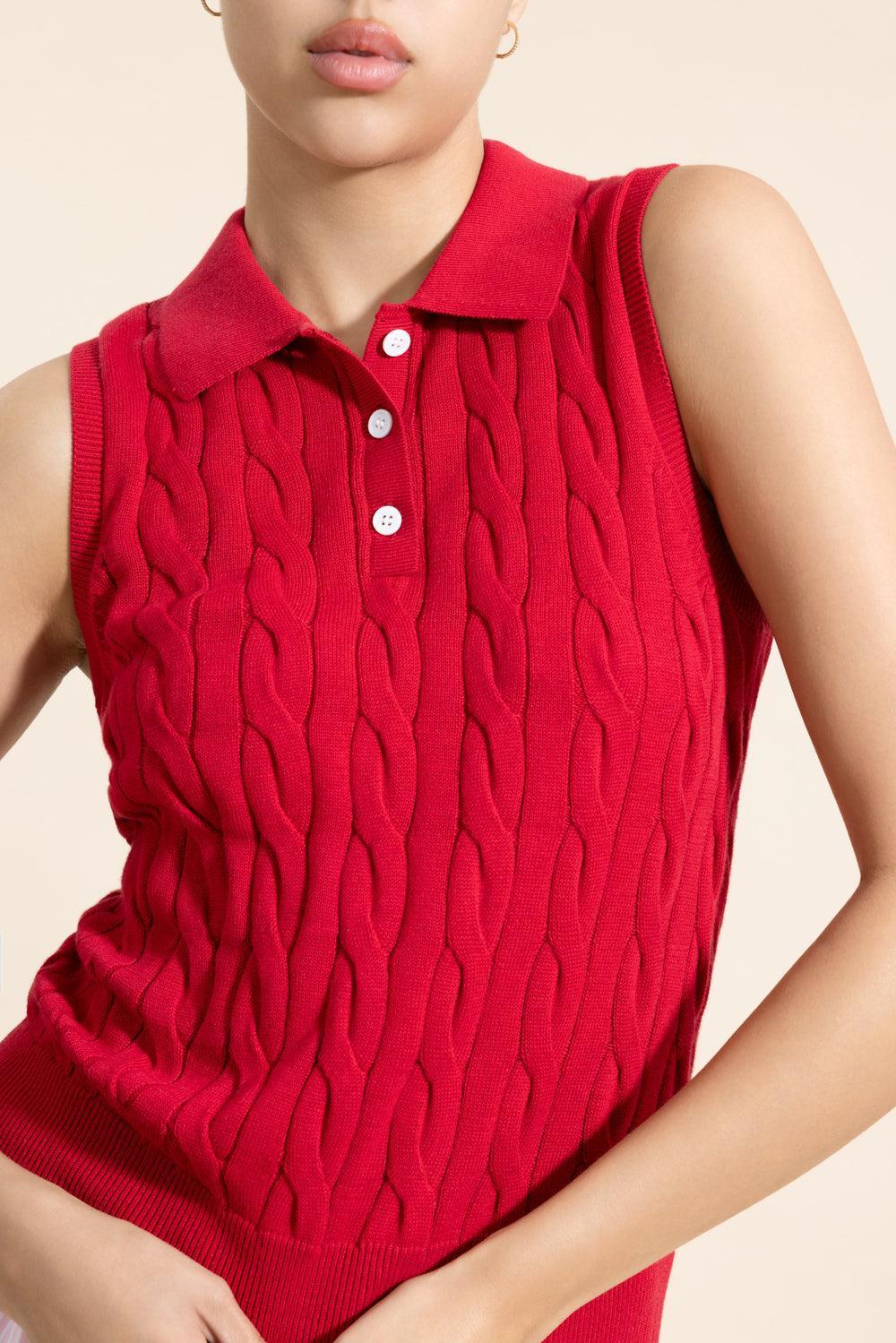 Sleeveless Cable Knit Polo - Red-RED-XS-CLOTHINGTOPKNITS-MINNIE ROSE