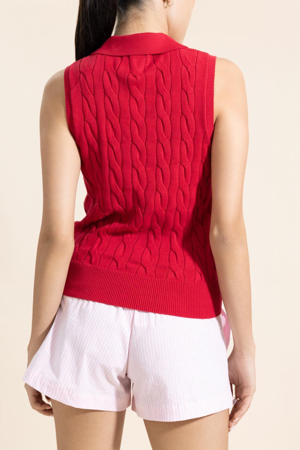 Sleeveless Cable Knit Polo - Red-RED-XS-CLOTHINGTOPKNITS-MINNIE ROSE