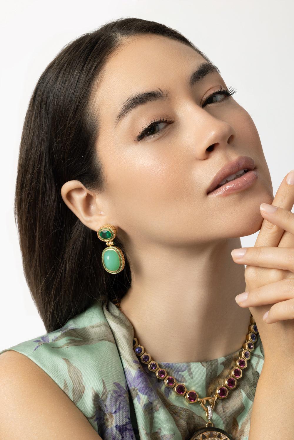 Chrysoprase Emerald Drop Earrings-YELLOW GOLD-JEWELRYFINE JEWELEARRING-HARWELL GODFREY