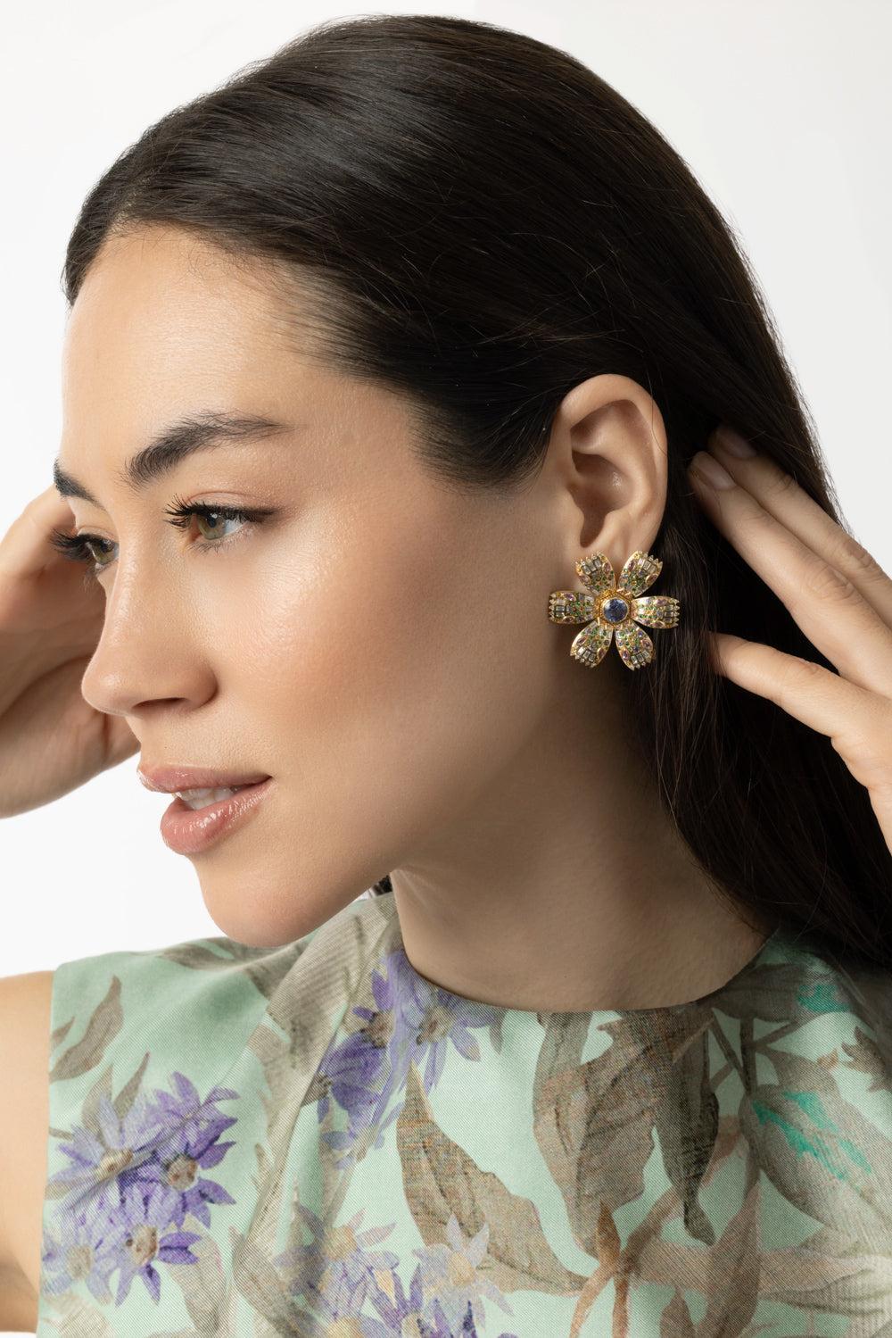Tanzanite Poppy Stud Earrings-YELLOW GOLD-JEWELRYFINE JEWELEARRING-HARWELL GODFREY
