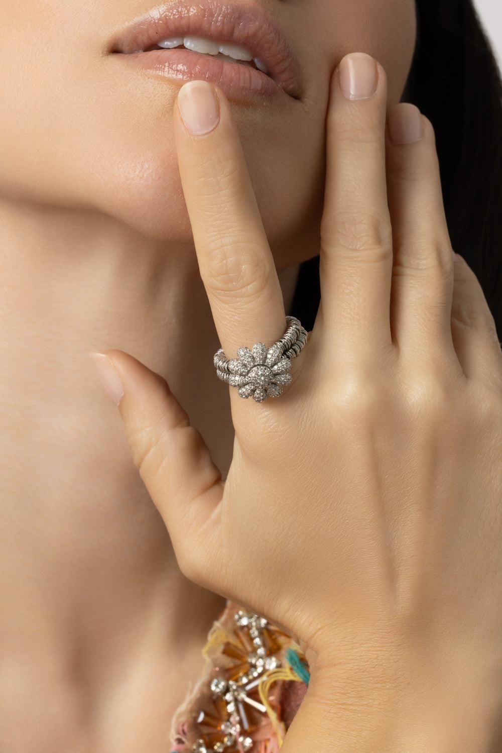 Diamond Daisy Two Row Margerita Stretch Ring-WHITE GOLD-7-JEWELRYFINE JEWELRING-ROBERTO DEMEGLIO