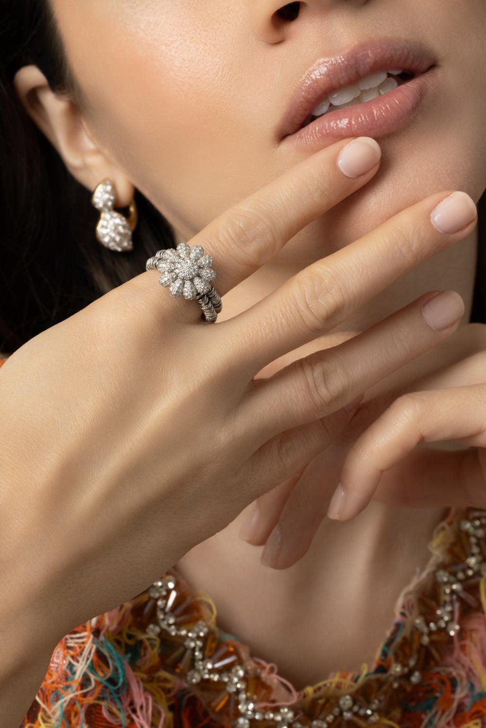 Diamond Daisy Two Row Margerita Stretch Ring-WHITE GOLD-7-JEWELRYFINE JEWELRING-ROBERTO DEMEGLIO